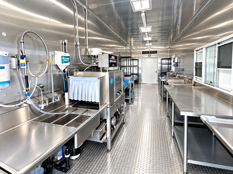 Commercial dishwashing machine inside a portable mobile dishwashing trailer