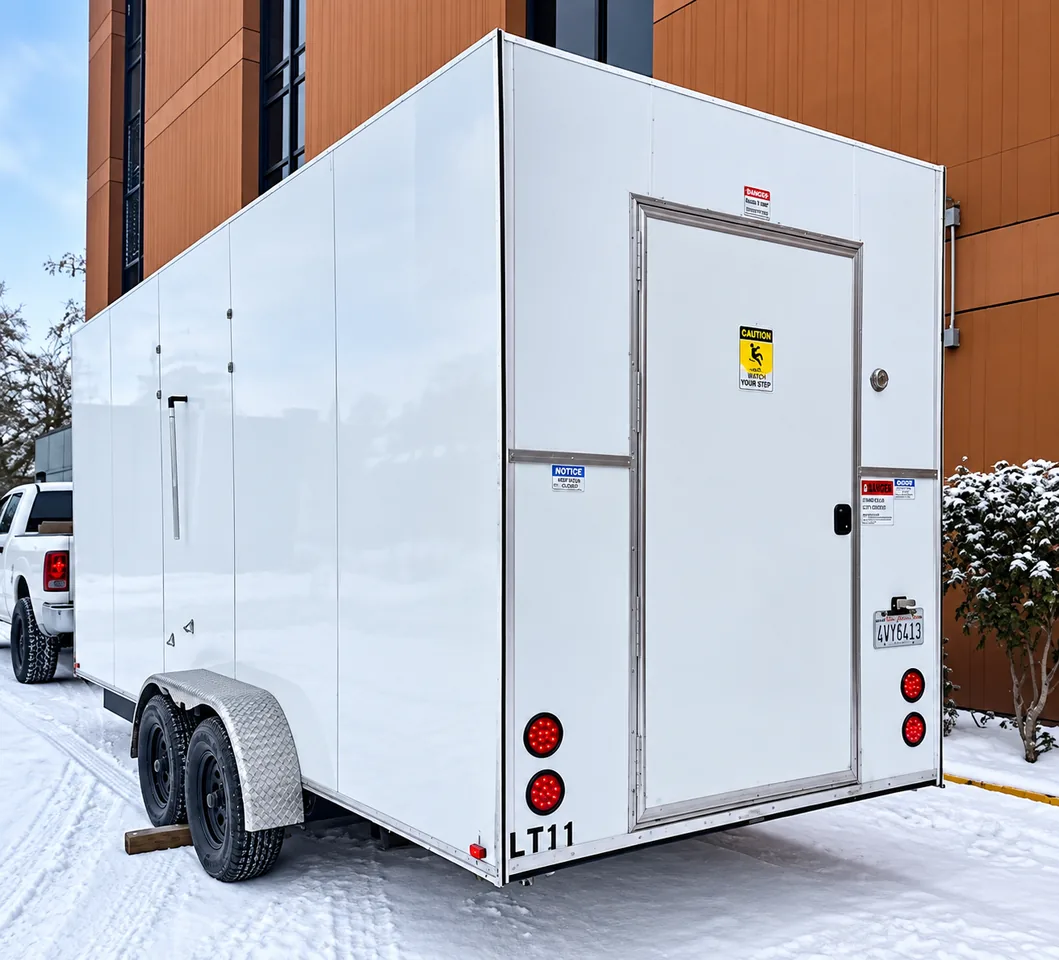 Exterior of a 12 ft portable refrigerated trailer