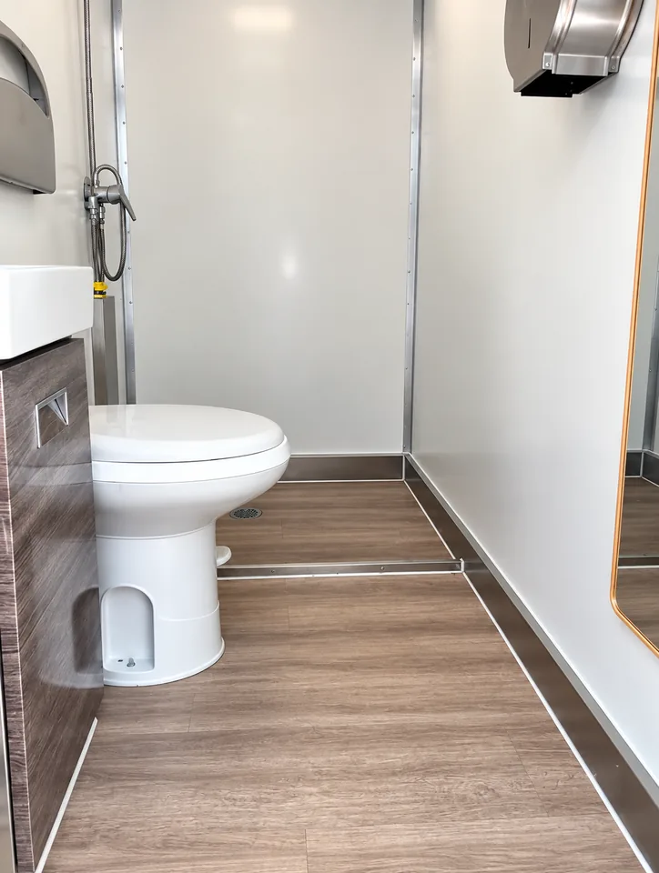 Interior of a 30 ft ten-stall luxury shower-restroom combination trailer