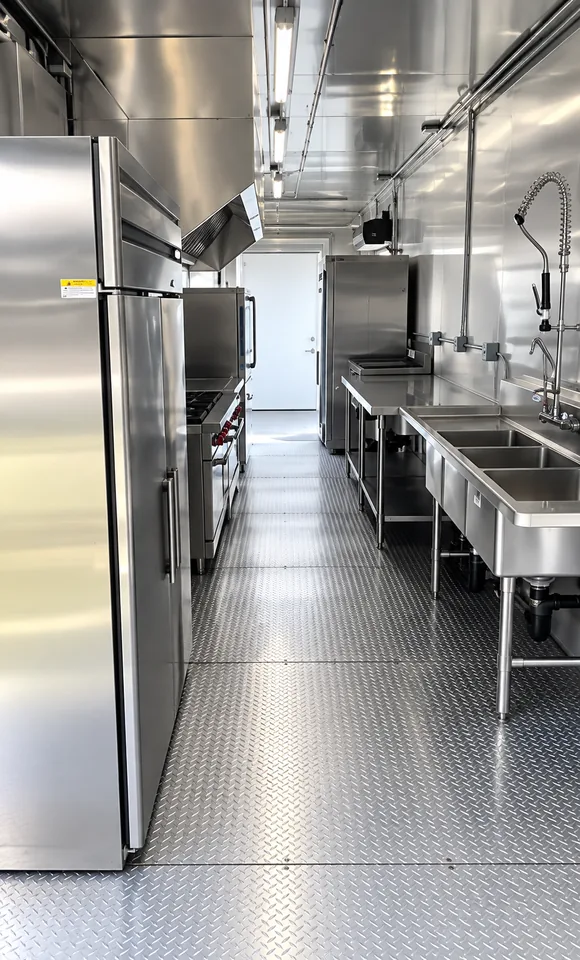 Refrigeration and wash station inside a 38 ft mobile kitchen