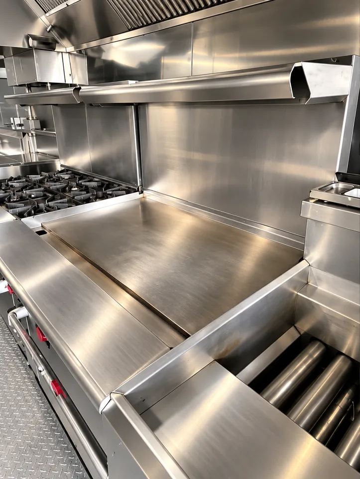 Flat-top griddle and range inside a 40 ft mobile kitchen