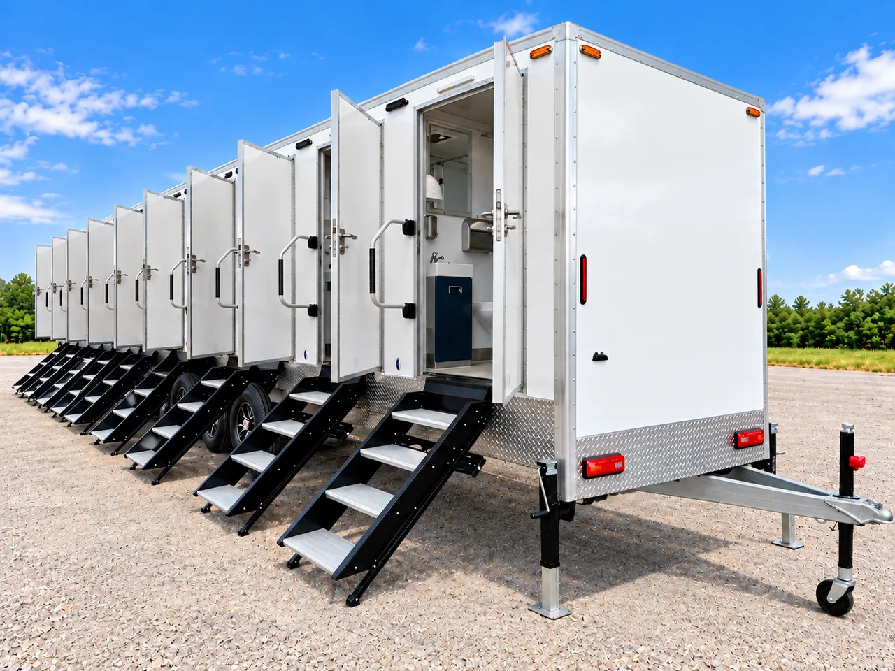 Entrance of an eight-stall plus one ADA shower-restroom trailer