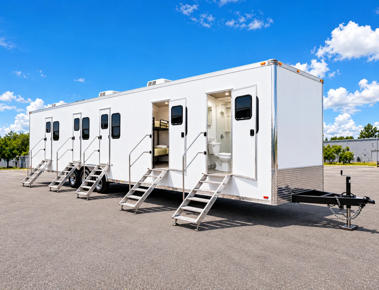 Mobile office, sleeper, shower and restroom combination trailer