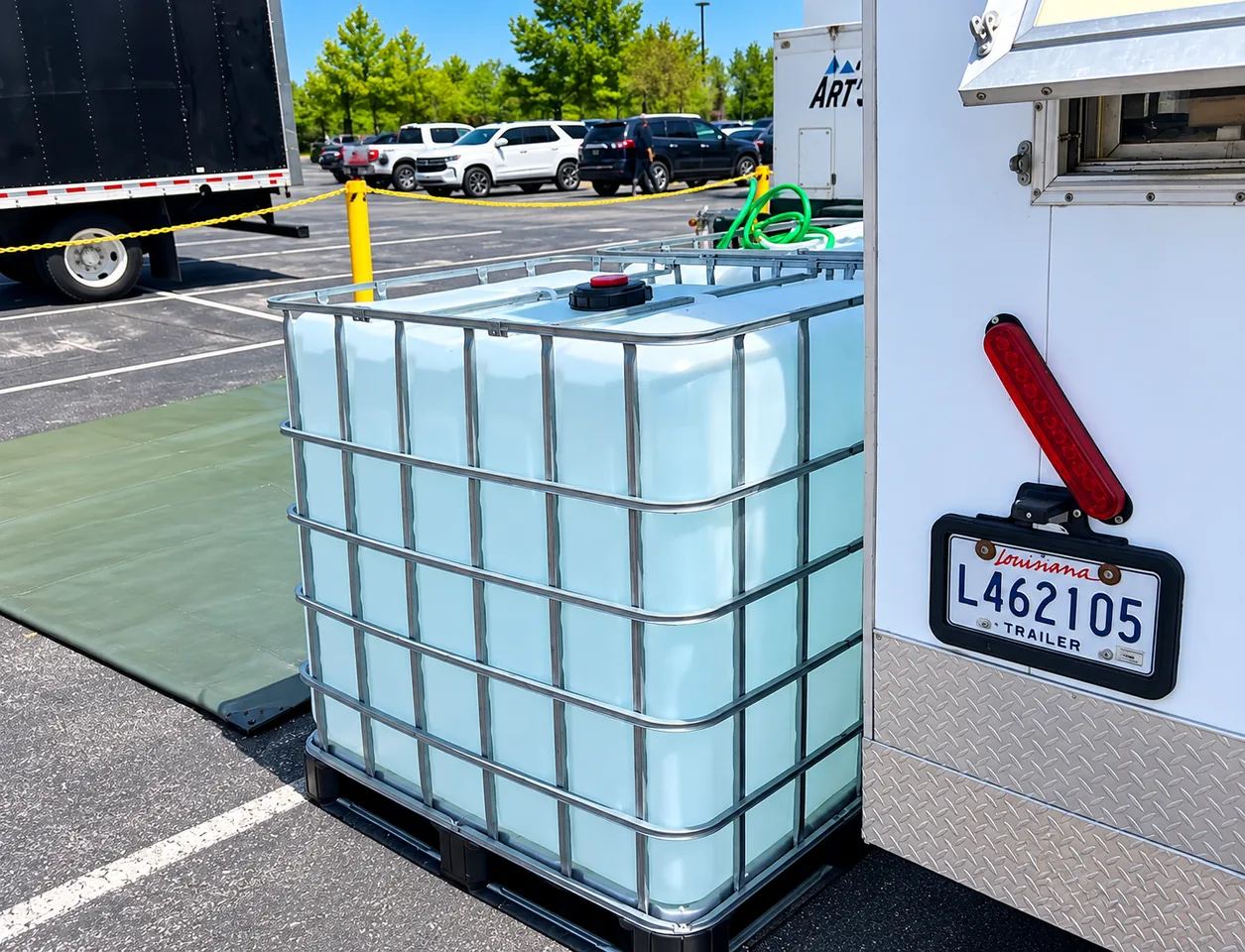 Mobile water storage tank trailer setup for remote workforce housing support