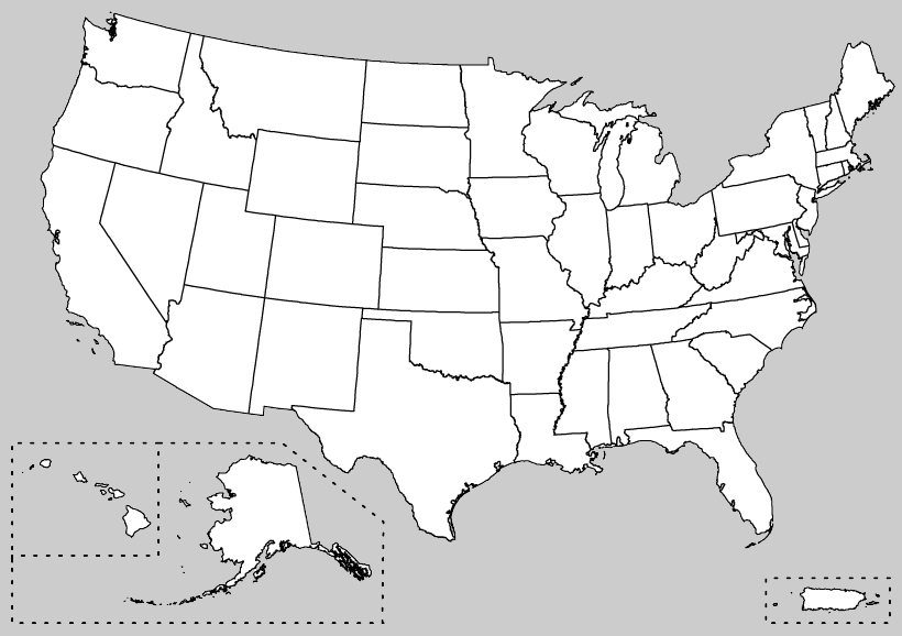 Map of the United States with clickable state location markers, including Alaska and Hawaii